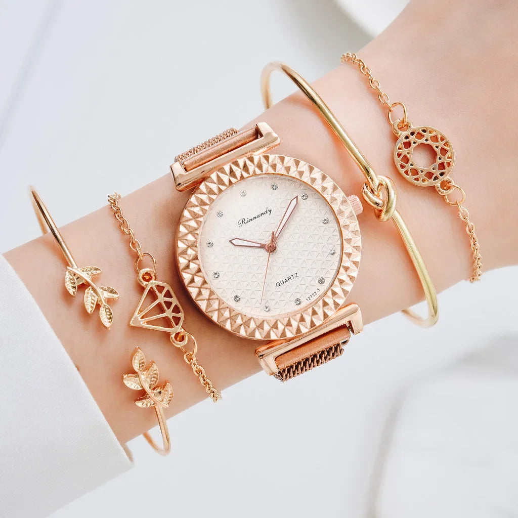 Luxury 5pcs Set Bracelet Watch Women Elegant Magnet Diamond Ladies Quartz Wrist Watch Dress Pink Clock Reloj Mujer Dropshipping