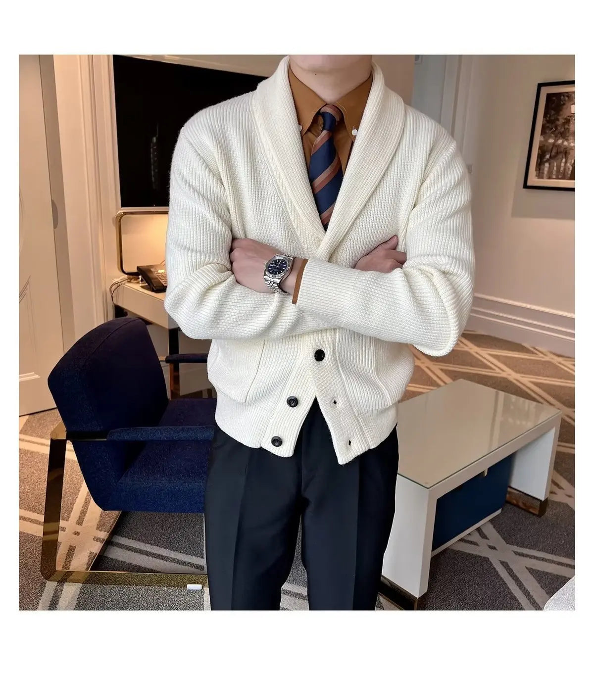Men's Clothing Cardigan Jacket V Neck Coat Knit Sweater Male Plaid Elegant Casual Long Sleeve 100% Korean 2024 Autumn Classic