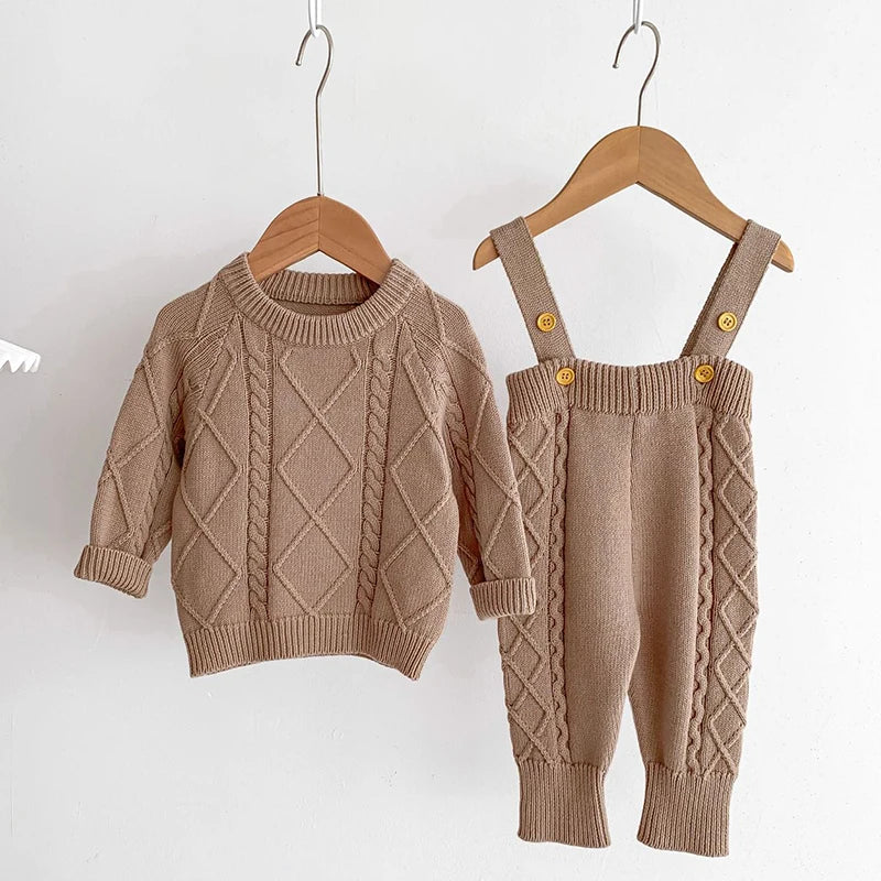 Otoño primavera estilo coreano recién nacido niñas niños Color sólido tejido ropa conjunto suéter general niños ropa traje