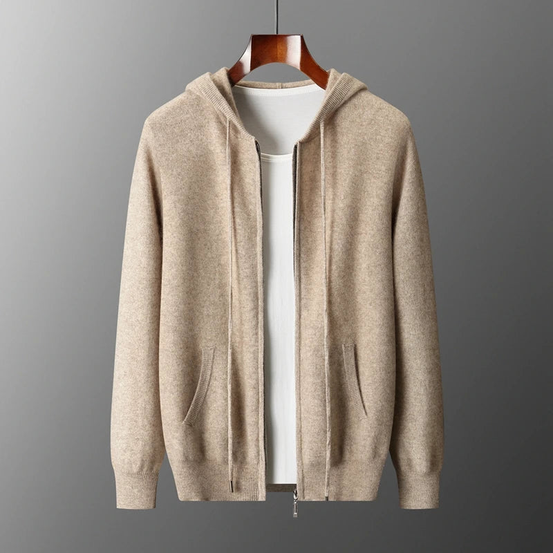 2025 New Men Knitted Plane Hooded Cardigan Cashmere Sweater Zipper Design Pocket Decoration High quality Thick Warmth Hoodie