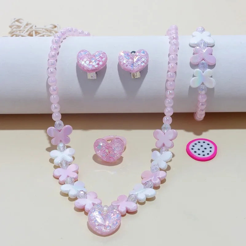 Girls' 5-Piece Jewelry: Flower Pendant, Earrings, Ring, Beaded Necklace & Bracelet, Cute Versatile Kids' Accessories