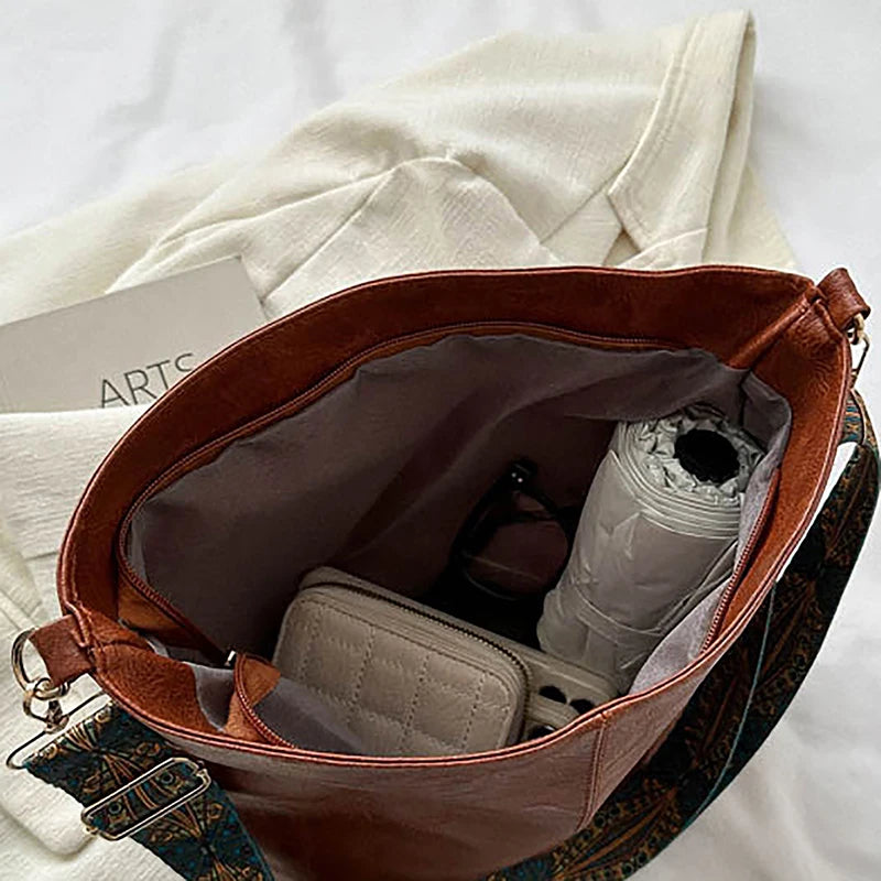 Antique Single Color Feminine Shoulder Sling Bag; Spacious, Simple, Wide Strap Bucket Crossbody Bag