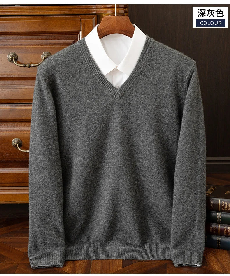 100% Cashmere Men's Pullover Casual Solid Color Knitted Sweater Loose Pull V-Neck Tops Basic Versatile Jumper