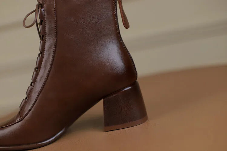 2022 Autumn Women Boots Square Toe Back Zipper Women Shoes Chunky Heels Shoes for Women High Heel Boots Vintage Leather Shoes
