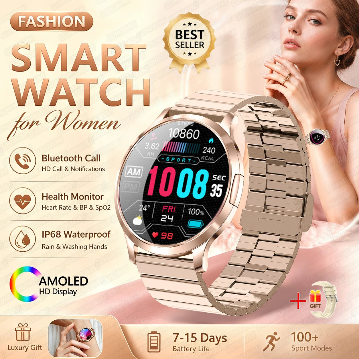 2026New Smart Watch 1.32”AMOLED Ultra-thin Display 100+Sports modes Blood Pressure Waterproof Bluetooth call Bracelet Women Gift