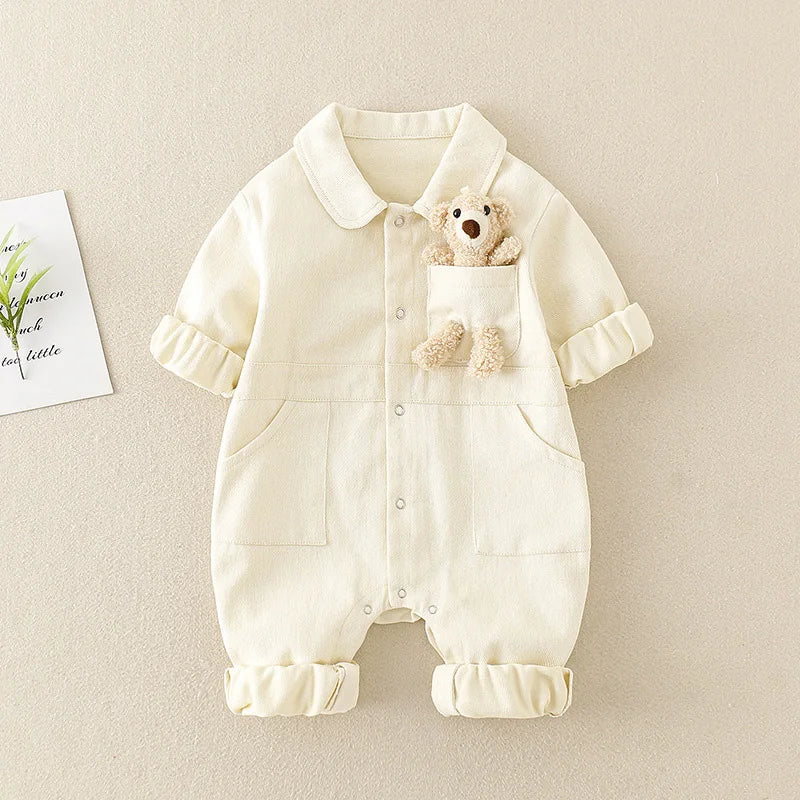 Autumn Denim Baby Jumpsuits Cute Pocket Bear Romper for Boys Girls Newborn Overalls Korean Toddler Onesie Spring Kids Clothing