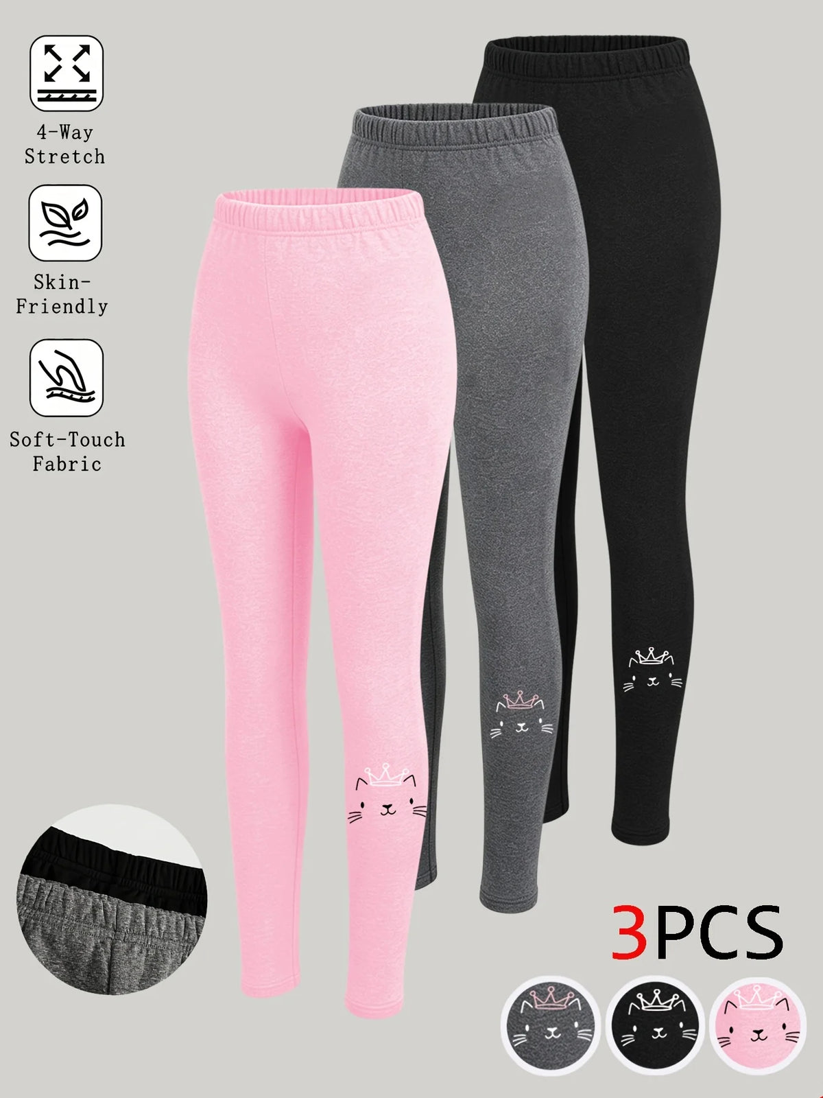 Girls' Leggings 3-Pack: Stretchy, slim-fit pants in pink, gray, and black, featuring a crown-wearing kitten print at the hem—ver