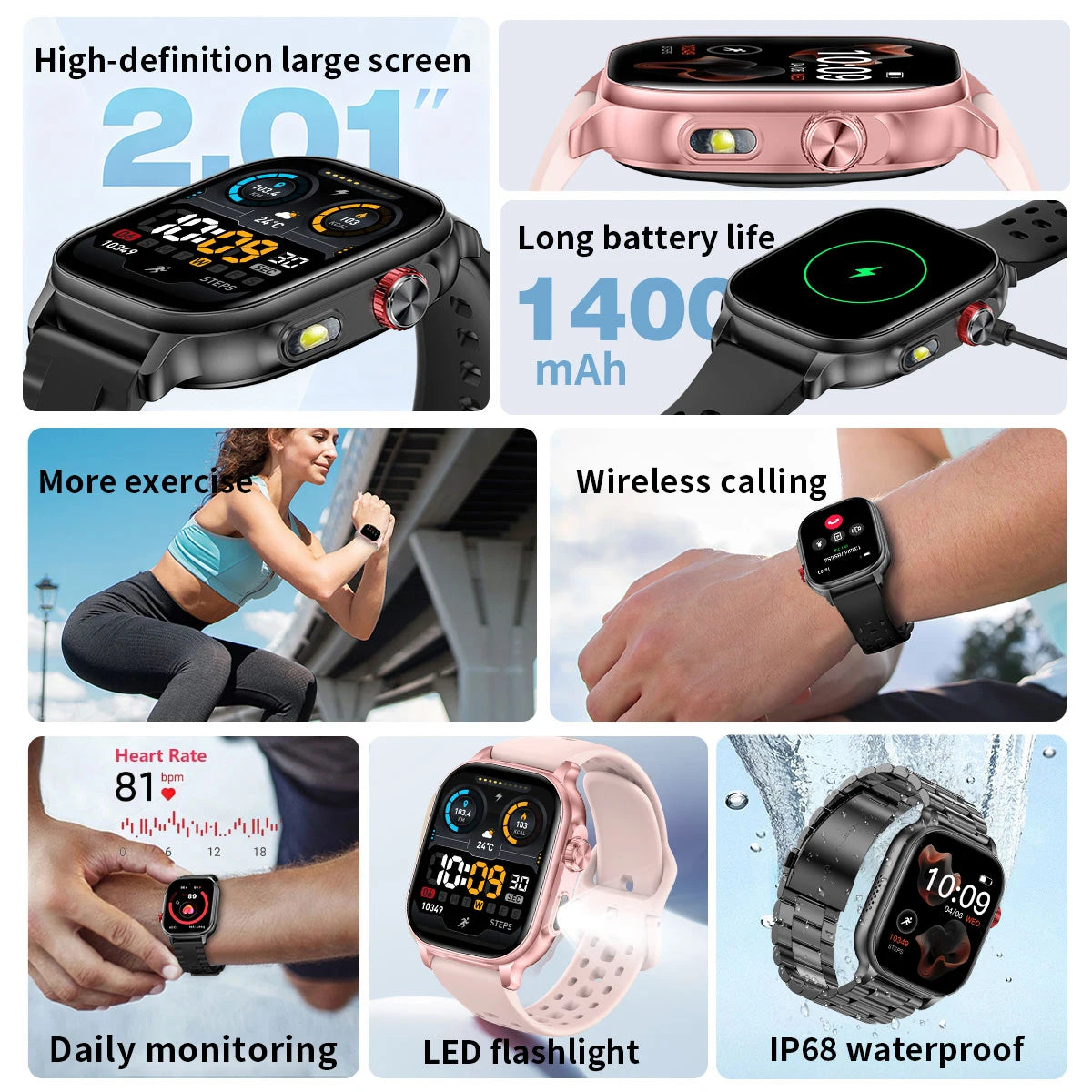 LIGE New Smart Watch Men Women 1400mAh Ultra Battery 2.01Inch HD Screen LED Flashlight IP68 Waterproof Bluetooth Call SmartWatch