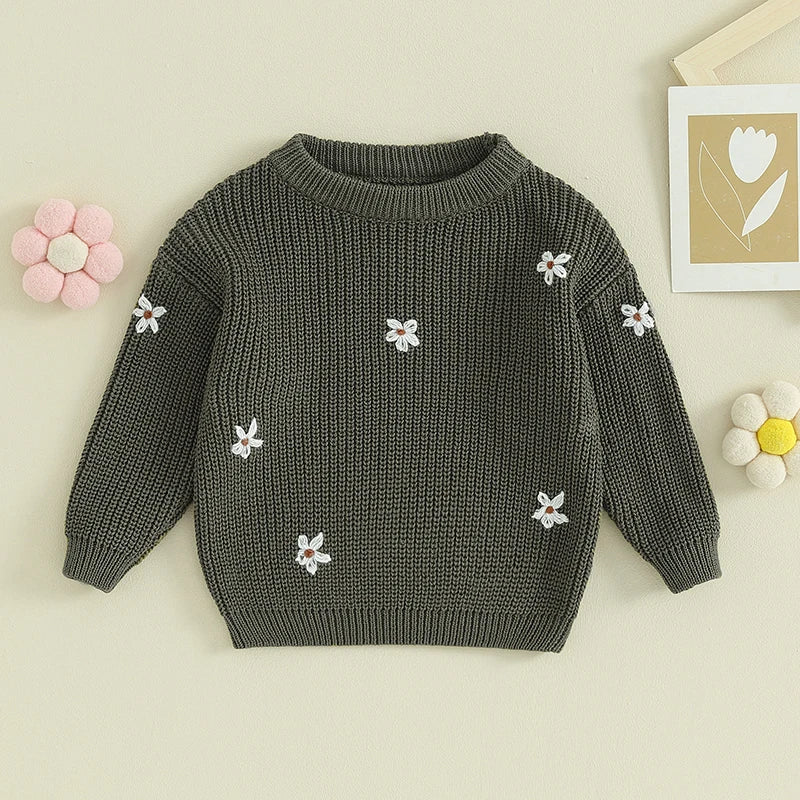 Ropa de invierno para niña, suéter bonito de flores, jersey de cuello redondo para niños pequeños, suéteres tejidos de manga larga para recién nacidos