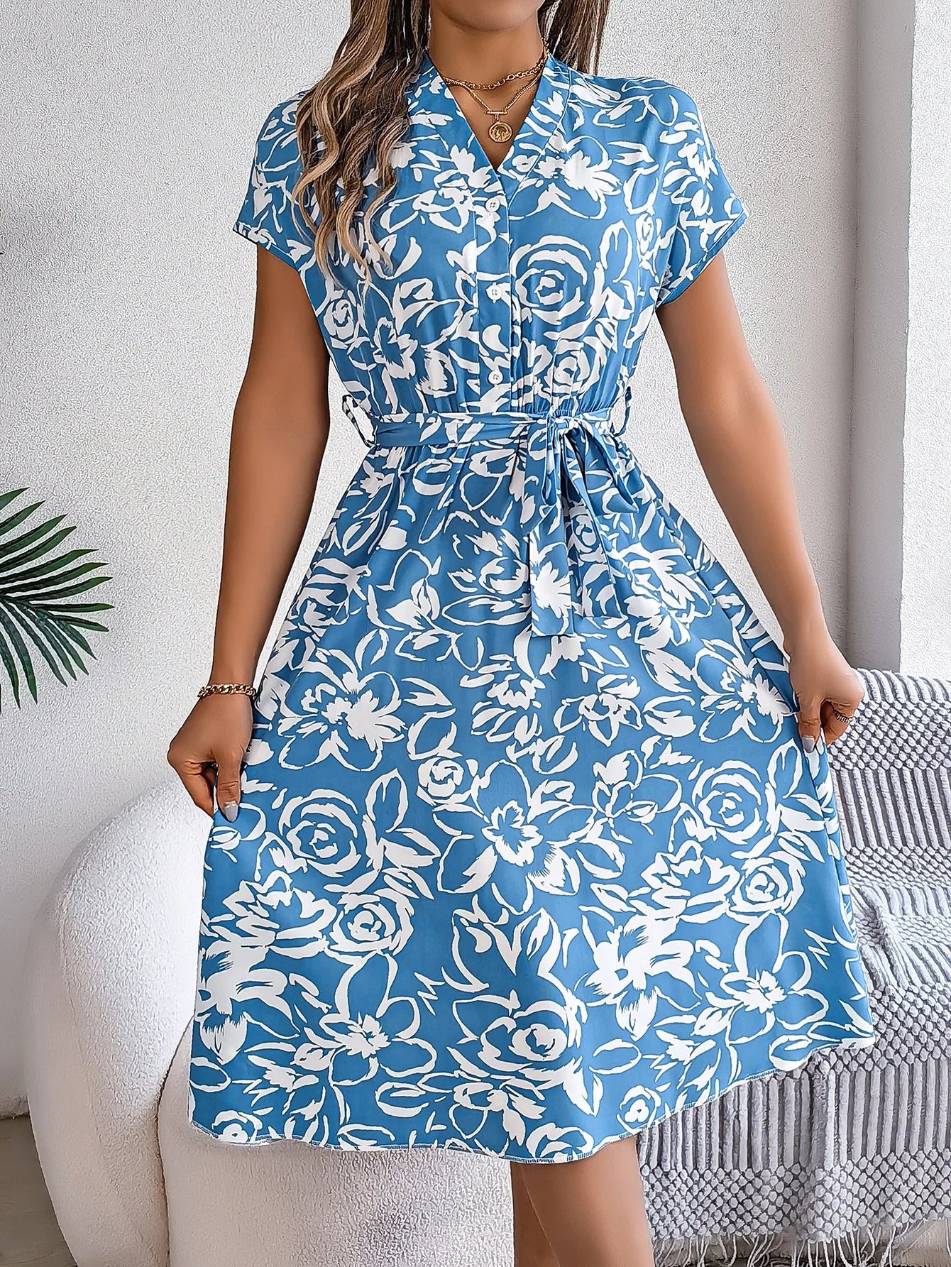 Spring Summer Casual Woman Dresses 2026 Fashion Buttons V Neck Flower Print Short Sleeve A Line Dress with Belt