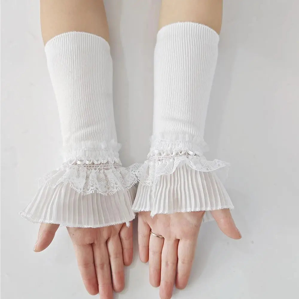 Women Sweater Fake Sleeves Hollow Out Crochet Floral Lace Horn Cuffs Embroidery Ruffles Elastic Wrist Warmers Lolita False Cuffs