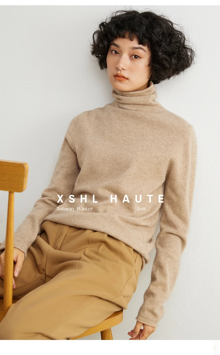 Women's 100% Cashmere Sweater Casual Solid Color Knitted Pullover Loose High Neck Jumper Autumn/Winter Warm Blouse Tops