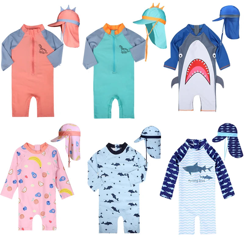 Traje de baño para bebés de manga larga, traje de baño de una pieza para niños pequeños con dibujos animados UPF50 + protectores contra sarpullidos, traje de baño infantil, conjuntos coreanos