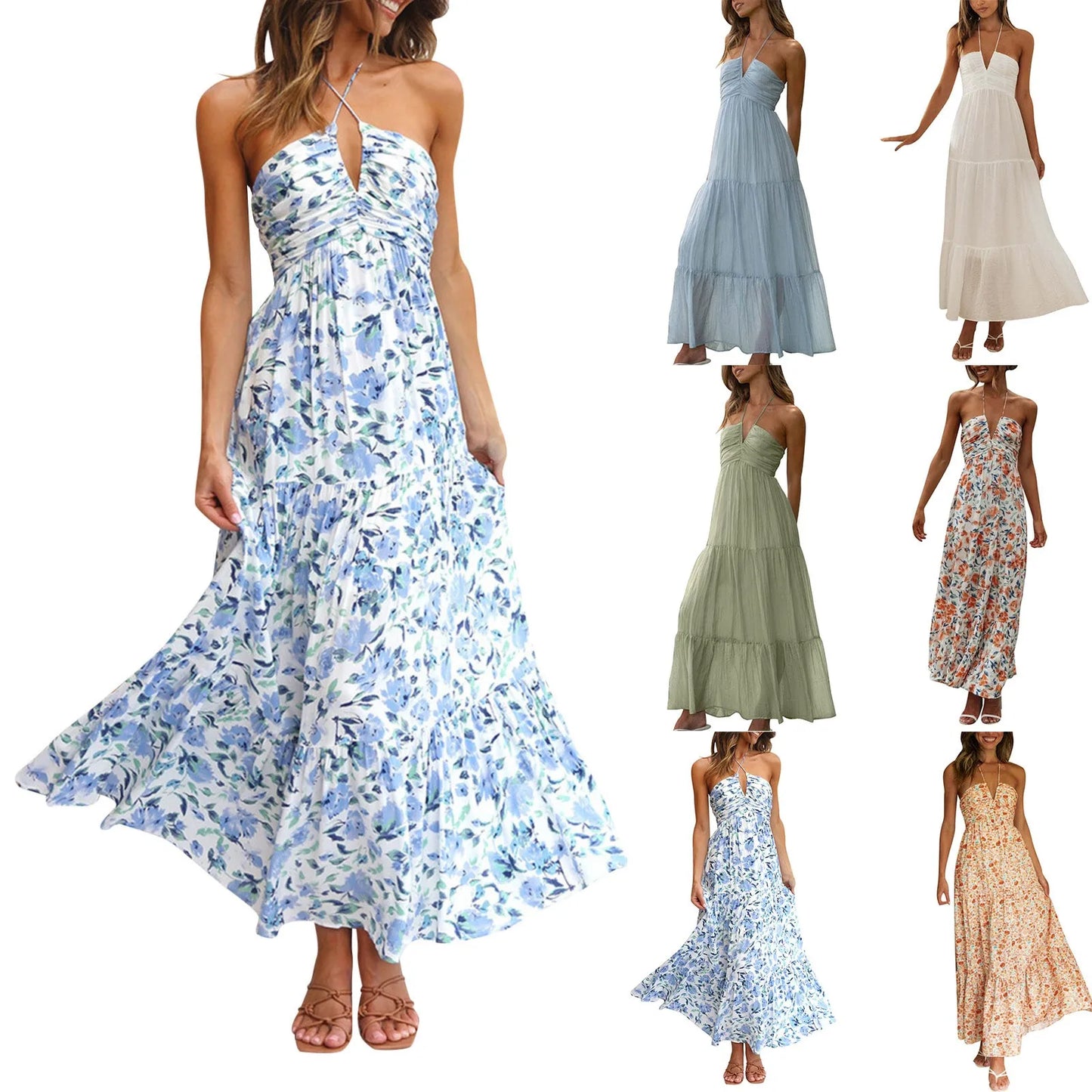 New Spaghetti Strap Long Dress Summer Women Fashion V-neck Sleeveless Print Elegant Backless Maxi Dresses For Woman Robe Femme