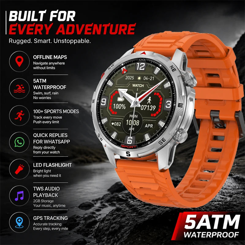 New Outdoor Smart Watch 1.43inch Screen 2GB Memory Map Navigation GPS Positioning 5ATM Waterproof LED Flashlight Smart Watch