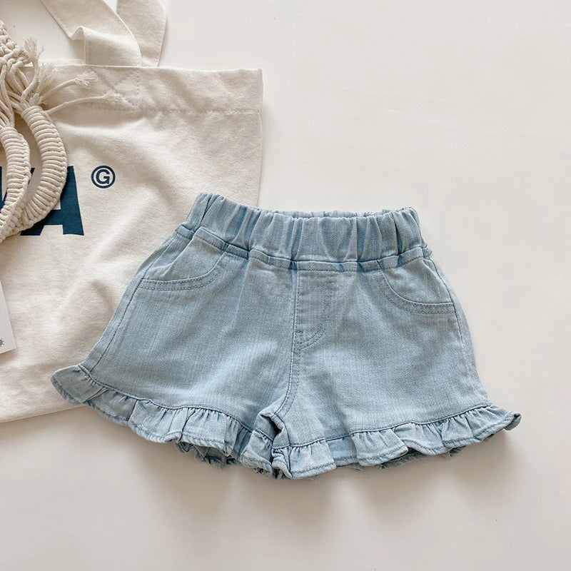 Children New Summer Kids Girls Ruffle Shorts Solid Brief Denim Children's Wear Teenage Girl Jeans