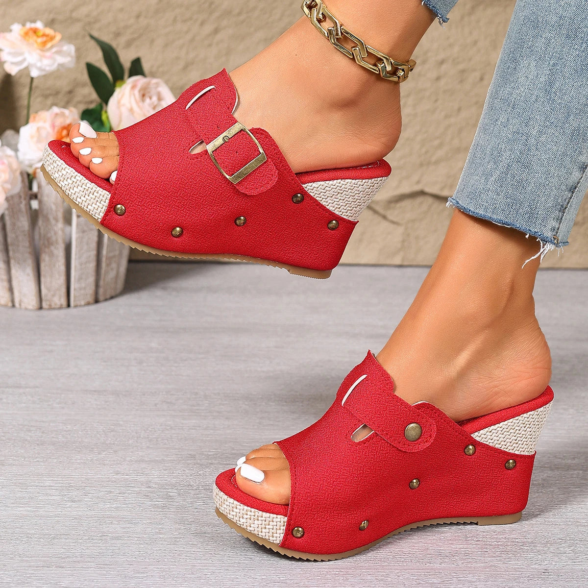 Summer Women's Espadrille Wedge Mules Black White Adjustable Buckle Open Toe Platform Sandals Rivet Decor Casual Slip-On Shoes