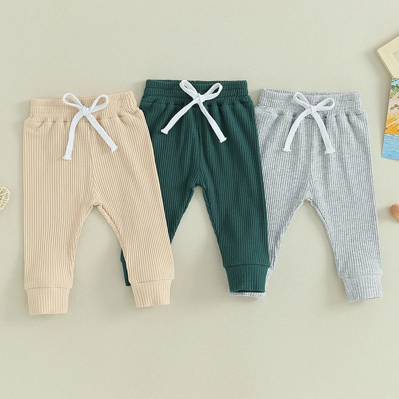 Pantalones largos de 3 piezas para niños pequeños, pantalones de invierno de Color sólido con parte inferior acanalada, pantalones pull-up de punto para bebés