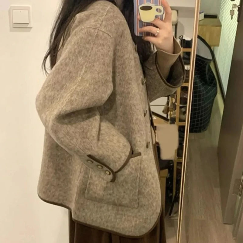 Wool Blend Coat for Women Short Plain Half Long Sleeve Elegant Mixtures Jacket Woman Fashion 2025 Winter Clothes Single Cheap
