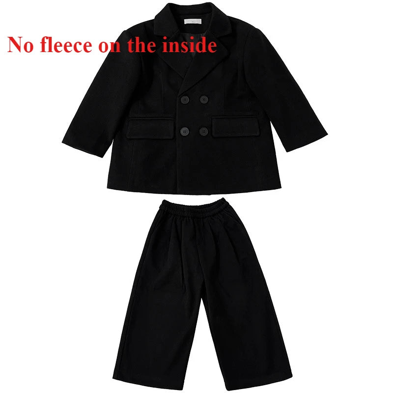 Boys Woolen Suit Set Autumn Winter Thicken Warm Casual Blazers Trousers Two-piece Children White Wedding Outfits 2 To 12 Years