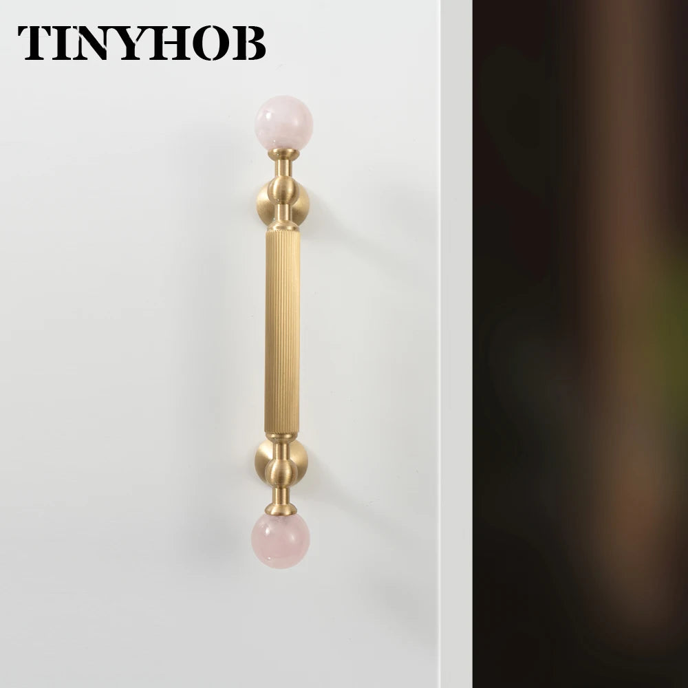 Pink Rose Quartz + Brass Cabinet Pulls,Natural Crystal Ball Knobs for Kitchen Cupboard Dresser Wardrobe, Gold Furniture Hardware