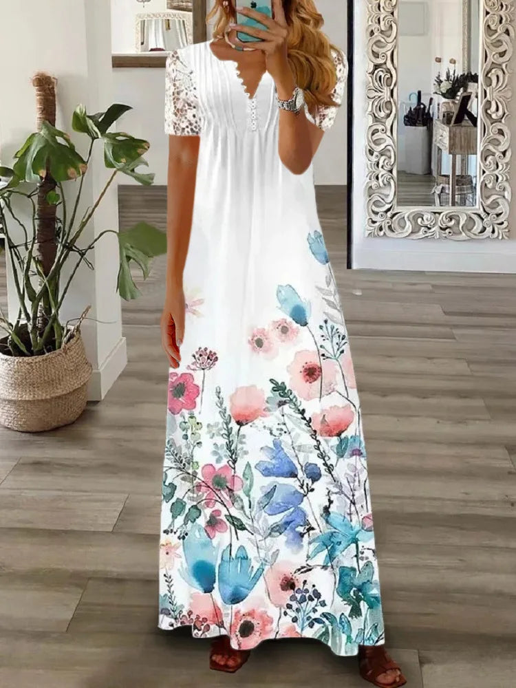Spring Women Lace Button Loose Boho Vintage Ruffles Dresses Befree Summer Elegant Party Large Big Summer Party Maxi Dress