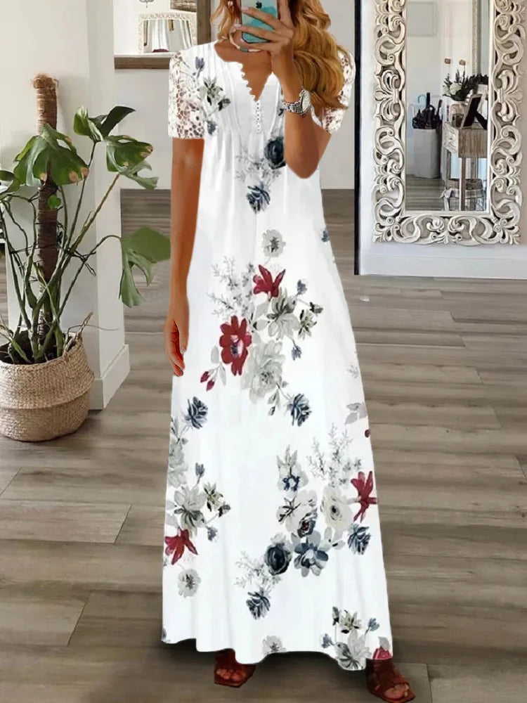Spring Women Lace Button Loose Boho Vintage Ruffles Dresses Befree Summer Elegant Party Large Big Summer Party Maxi Dress