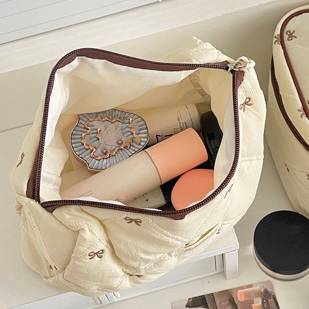 Fashion Brown Bow Cake Women Makeup Zipper Bag Large Capacity Tote Organizer Toiletry Cosmetic Pouch Ladies Make Up Handbag
