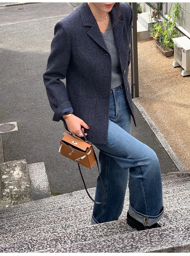 50 Wool Women Notched Collar Blazer Jacket Coat Fall Winter Thick Warm Overcoat Pocket Fashion Slim Waist Buttons Coat 2024 New