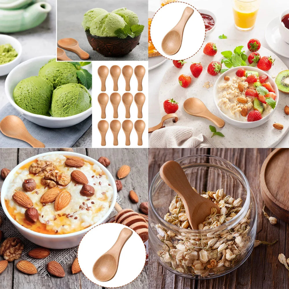 4Pcs Mini Wooden Spoons Small Kitchen Spice Condiment Spoon Sugar Tea Coffee Scoop Short Handle Wood Kids Spoon Kitchen Gadgets