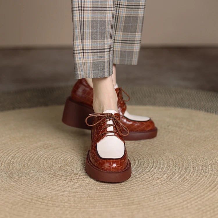 2024 New Spring Genuine Leather Women Shoes Casual Lace-up Loafers Round Toe Platform Shoes Shoes Woman Zapatos De Mujer Women