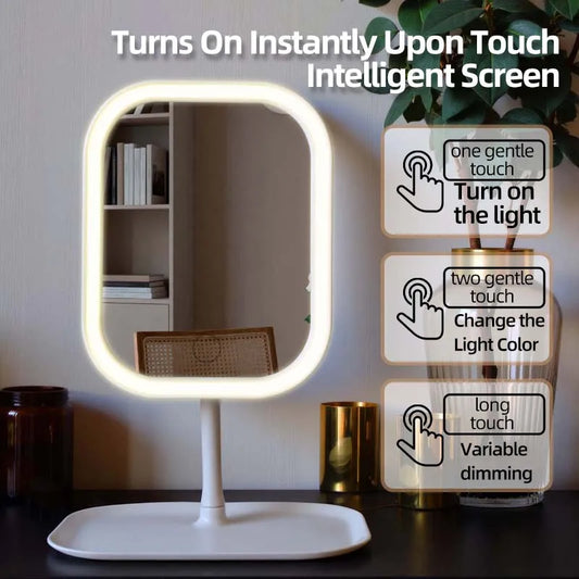 OMUONE Niche Desktop Vanity Mirror 3 Color Light LED Makeup Mirror Touching Mirror Women Bedroom Dressing Mirror