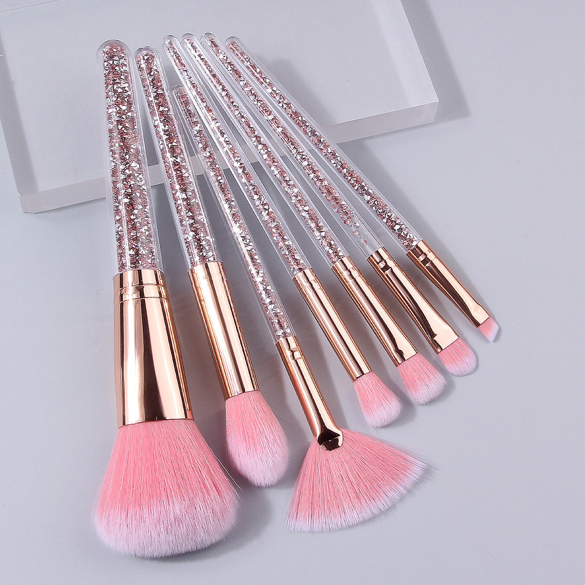 7PCS Pink Crystal Makeup Brushes Set Rose Gold Handle for Foundation Eyeshadow Blush