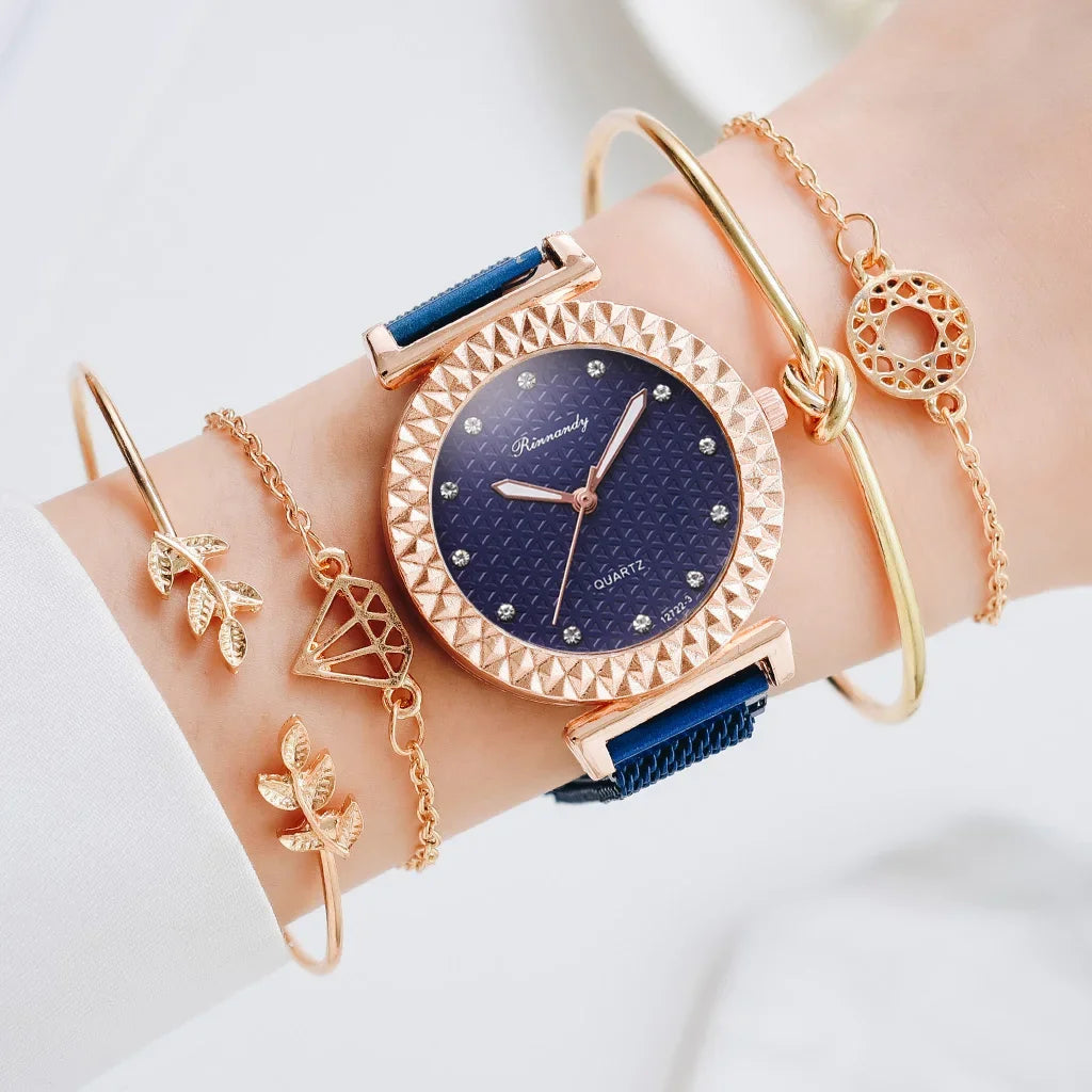 Luxury 5pcs Set Bracelet Watch Women Elegant Magnet Diamond Ladies Quartz Wrist Watch Dress Pink Clock Reloj Mujer Dropshipping