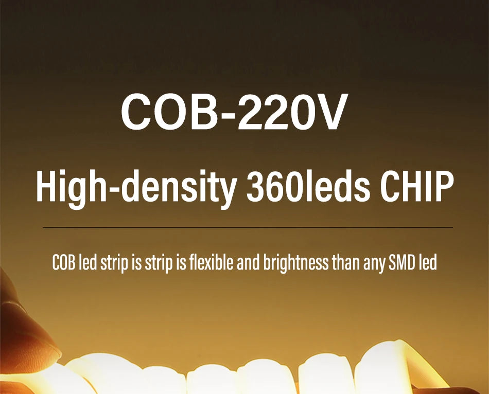COB LED Strip 360leds/M High Bright EU Plug 220V CRI RA90 Waterproof Outdoor Garden FOB LED Tape For Bedroom Kitchen Lighting