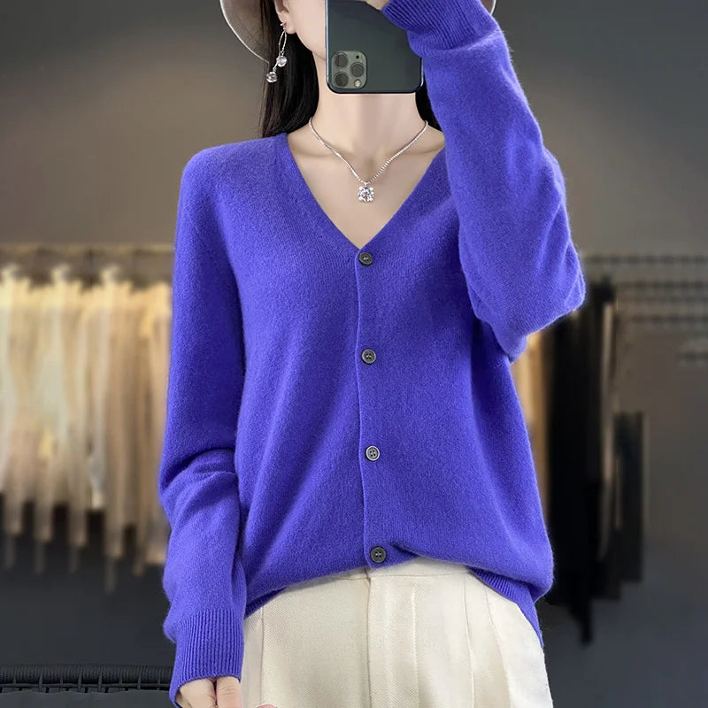 New Fashion Spring Autumn 100% Merino Wool Women's V-neck Cardigan Cashmere Sweater 2024 Female Knitwear Clothing Korean Tops