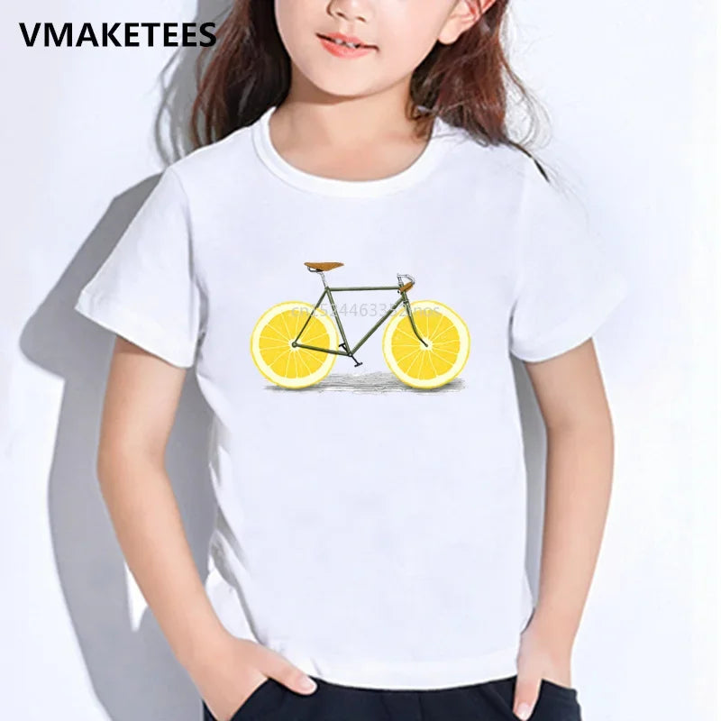 Kids Summer Short Sleeve Girls & Boys T shirts Lemon Bike Print Children's T-shirt Fruit Bicycle Funny Baby Clothes,HKP5178