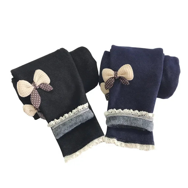 Girls Jean Pants Autumn Winter Warm Children Leggings Thicken Velvet Bowknot Kids Trousers Baby Girl Pants Icing Leggings