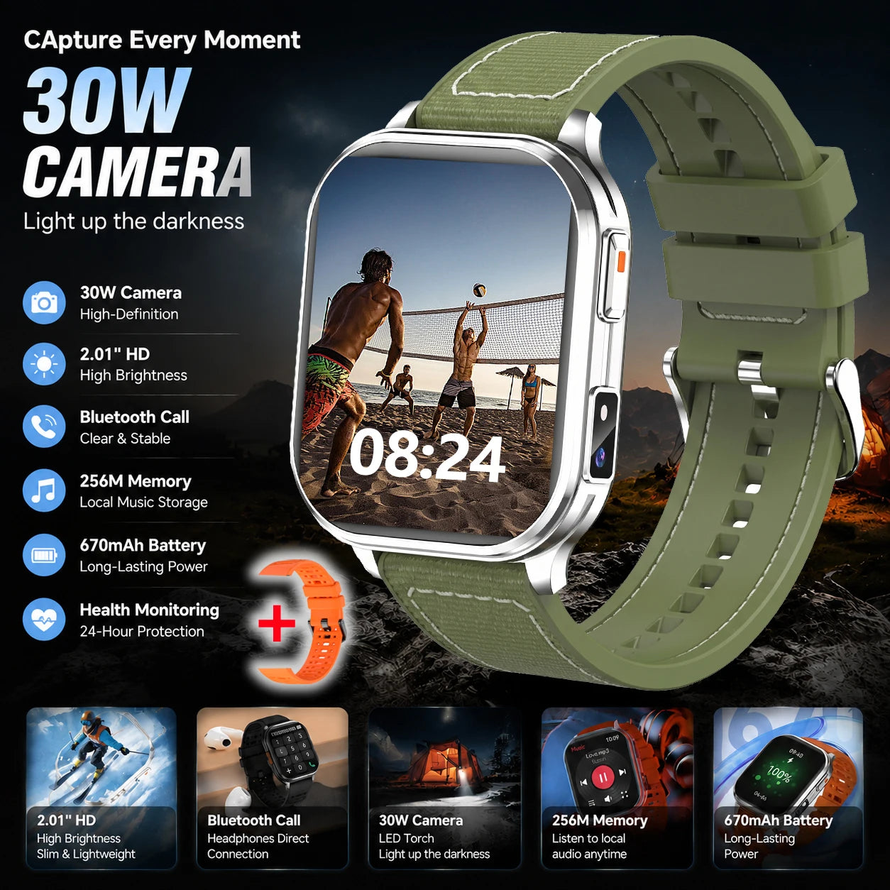 Outdoor Smart Sports Watches 2.01" 30W Camera Take Photo Video Recording Music BT Call Health Sports Mode Waterproof Smart Watch