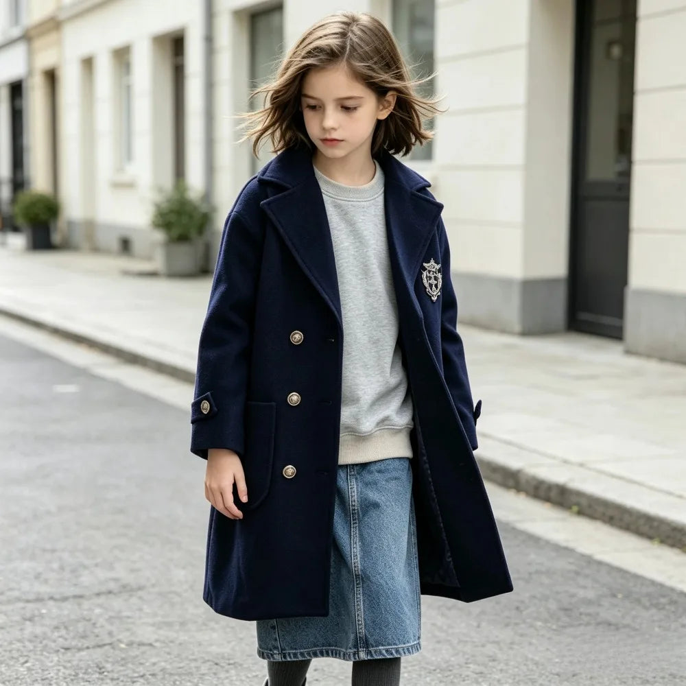 Teens Girls Winter Jacket Preppy Style Navy Mid-length Wool Coat for Kids Thick Warm Casual All-match School Children Outerwear