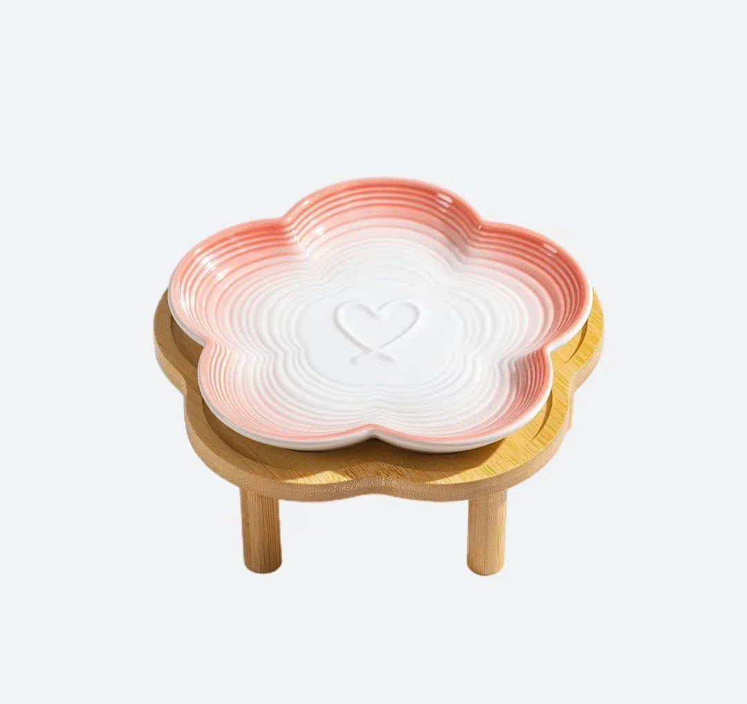 High Aesthetic Ceramic Pet Bowl with Wood Stand, Shallow Dish for Cat Snacks, Cute Bow Knot Pattern, Cat Food Dish,Home Kitchen