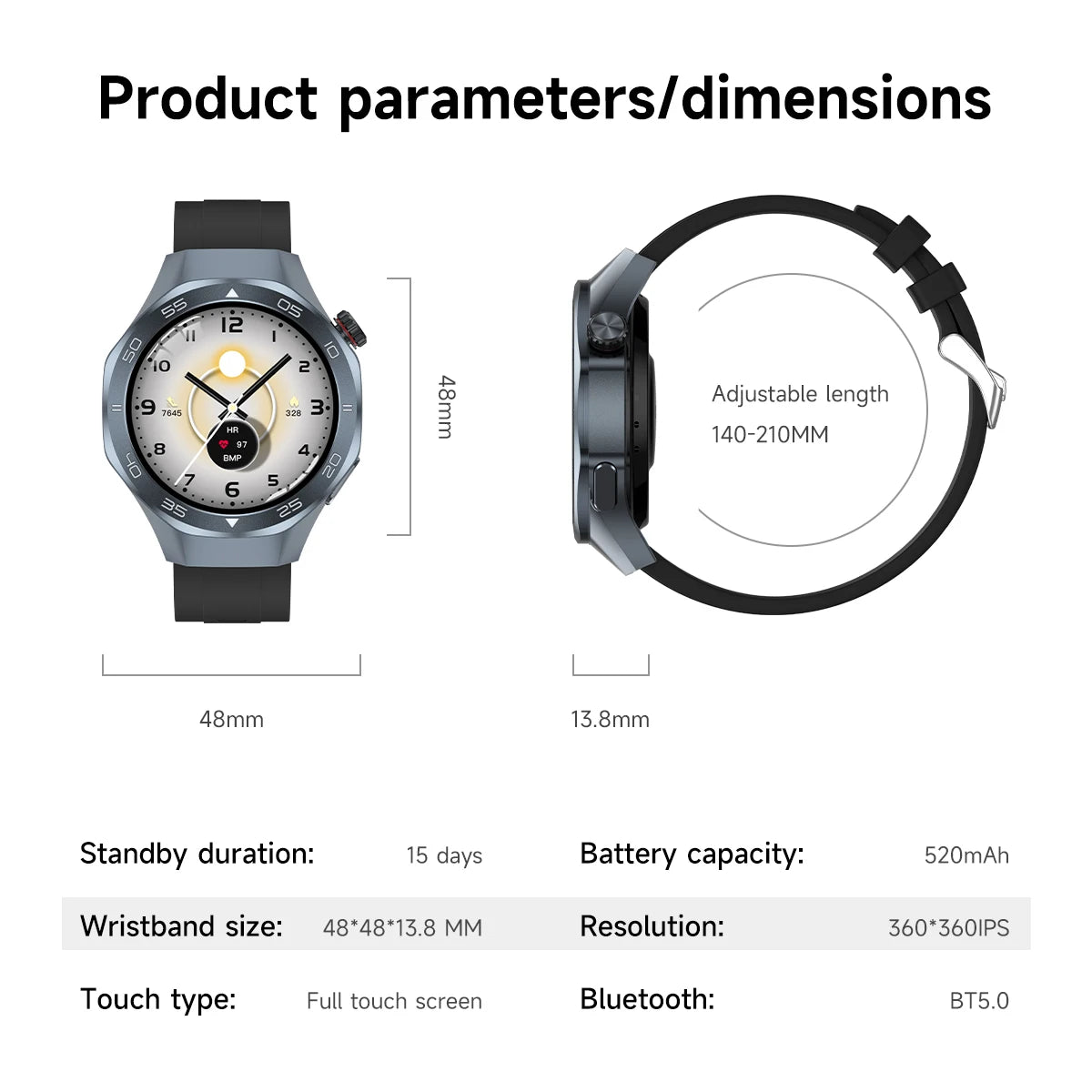 Men's Smart Watch 1.53" AMOLED Display Sapphire Glass GPS Bluetooth Call 3ATM Waterproof Health Monitor 520mAh Smartwatch
