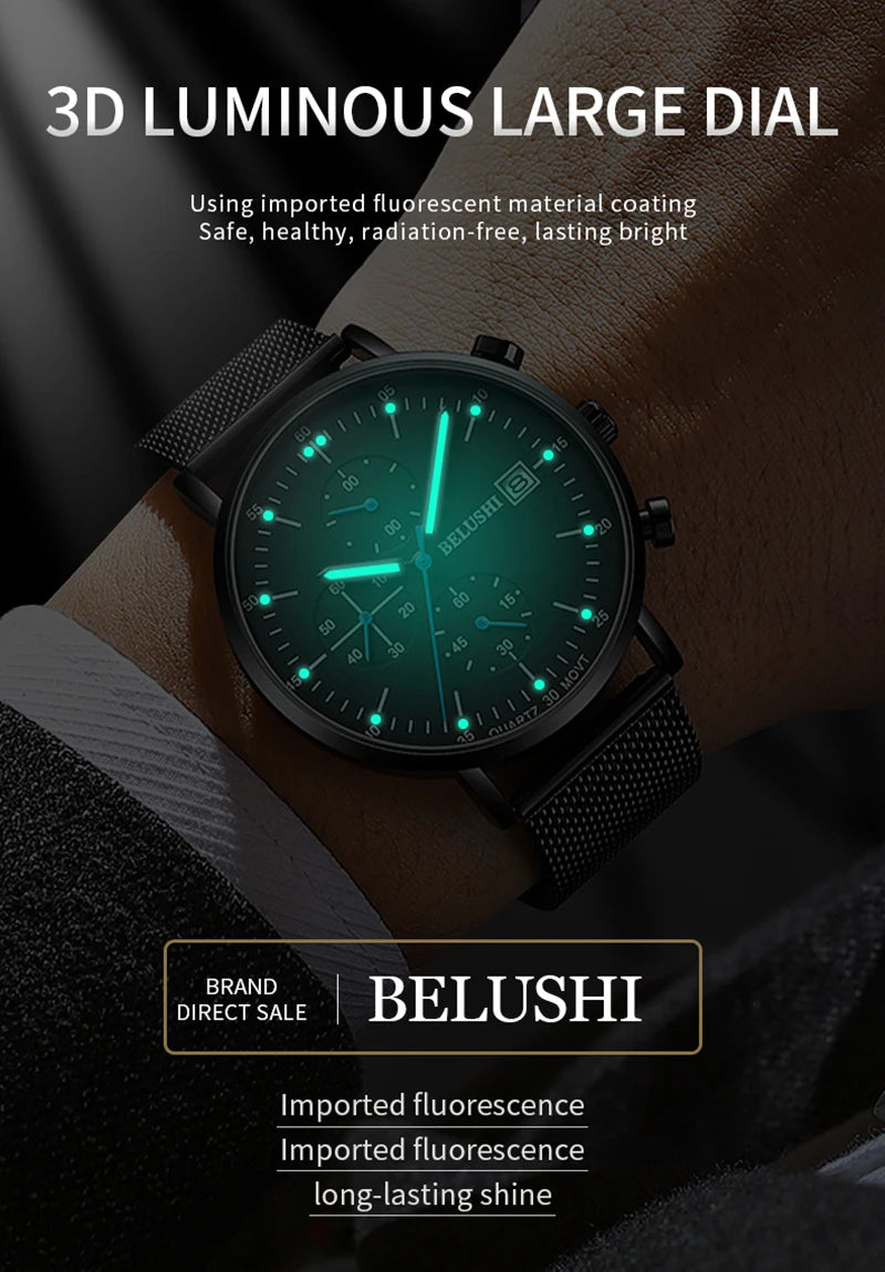 BELUSHI Three-eyes Men Sport Watches Luxury Ultra-thin Dial Stopwatch Quartz Watch Male Luminous Calendar Waterproof Clocks