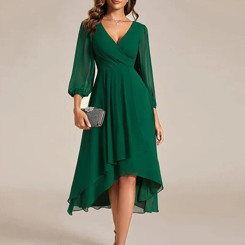 Spring Summer Elegant V Neck A-Line Long Dress Women Fashion Mesh Sleeve Loose Party Dress Women Beach Holiday Evening Dresses