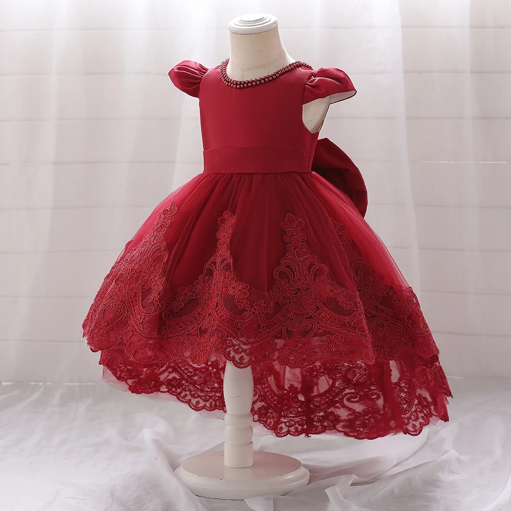 Vestido de bebé con lazo para niña, vestido de princesa de tul con cuentas, bordado de 1er cumpleaños, vestidos de fiesta para niña, disfraz de bautismo rosa