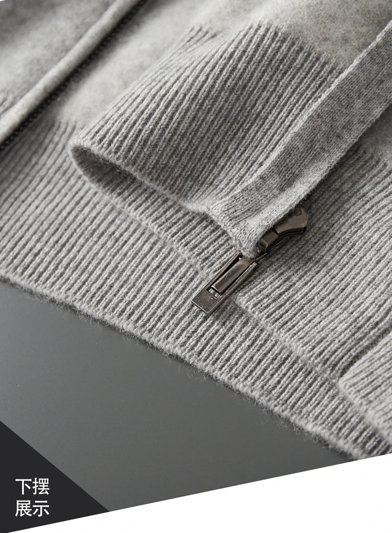 Winter Cashmere Sweater Men's Round Neck Knitted Jacket Contrast Striped Zipper Cardigan Youth Wool Thick Sweater