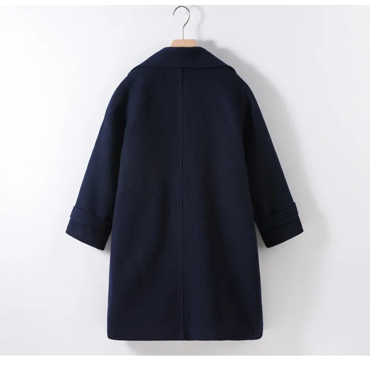 Teens Girls Winter Jacket Preppy Style Navy Mid-length Wool Coat for Kids Thick Warm Casual All-match School Children Outerwear