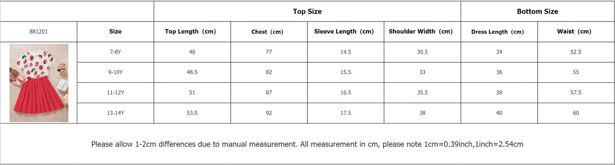Girls Summer 7-14Y Round Neck Strawberry Print Short Sleeve Solid Red Pleated Skirt 2-Piece Outfit for Daily Casual Kids Cute