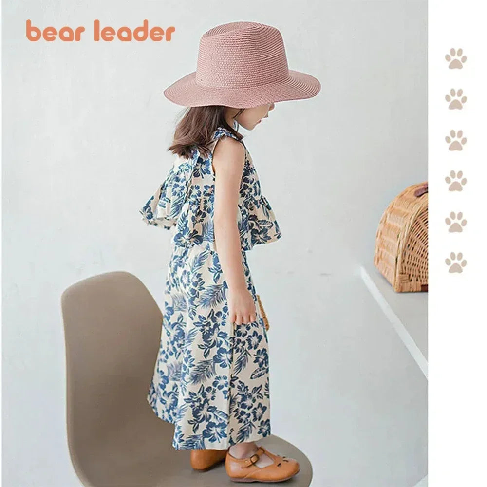 Bear Leader Girls Netflix Tops Wide-legged Pants Set Summer 2026 New Fashion Temperament Retro Floral Two-piece Girls Clothing