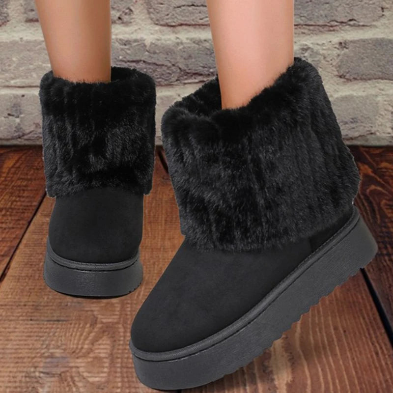 Shoes for Women Winter Slip on Women's Boots Black Round Toe Solid Flock Plush Warm Mid Heel Water Proof Casual Snow Boots Women